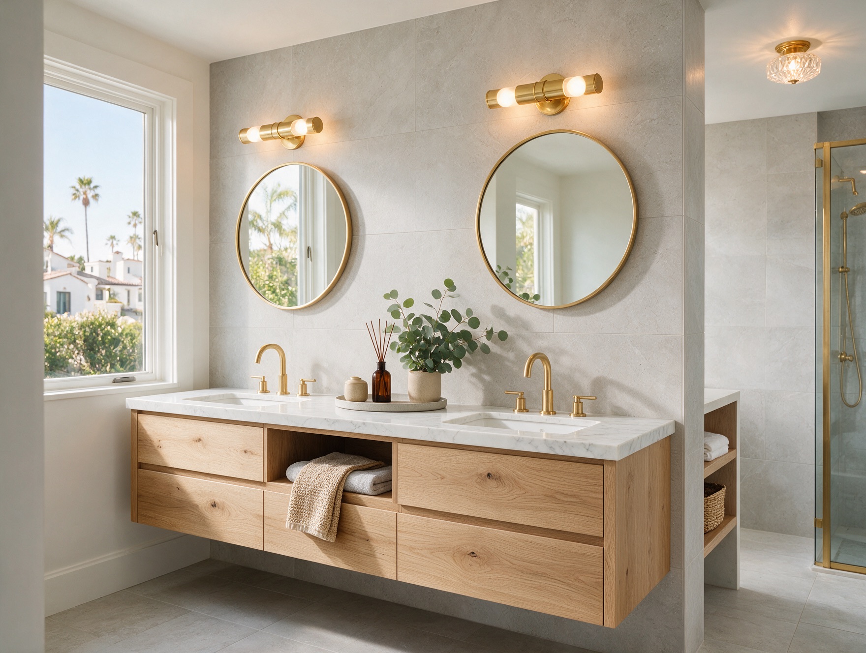 Contemporary bathroom vanity with brass fixtures